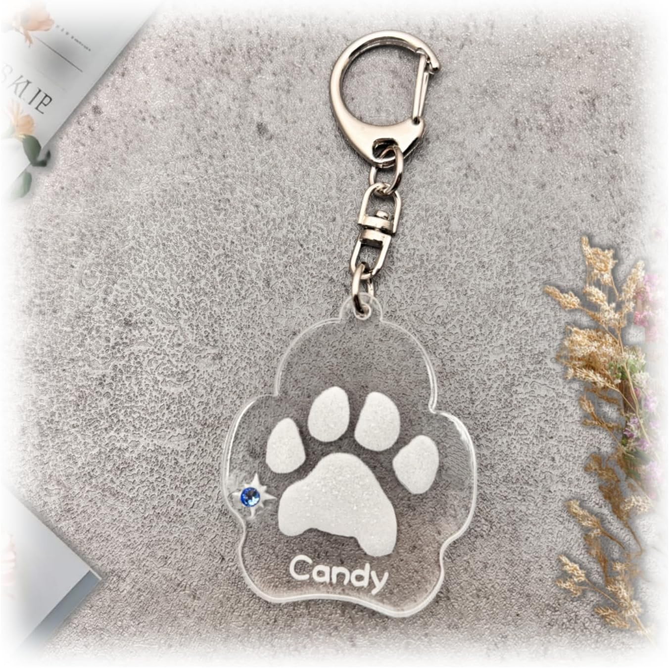 爪形キーホルダー ペット メモリアル 肉球プリント 名前刻印 誕生石付き 記念品 手元供養 アクリルプレート 犬 猫 の思い出 供養 ずっと一緒 プレゼント ギフト ラッピング無料 いぬ かわいい おしゃれ