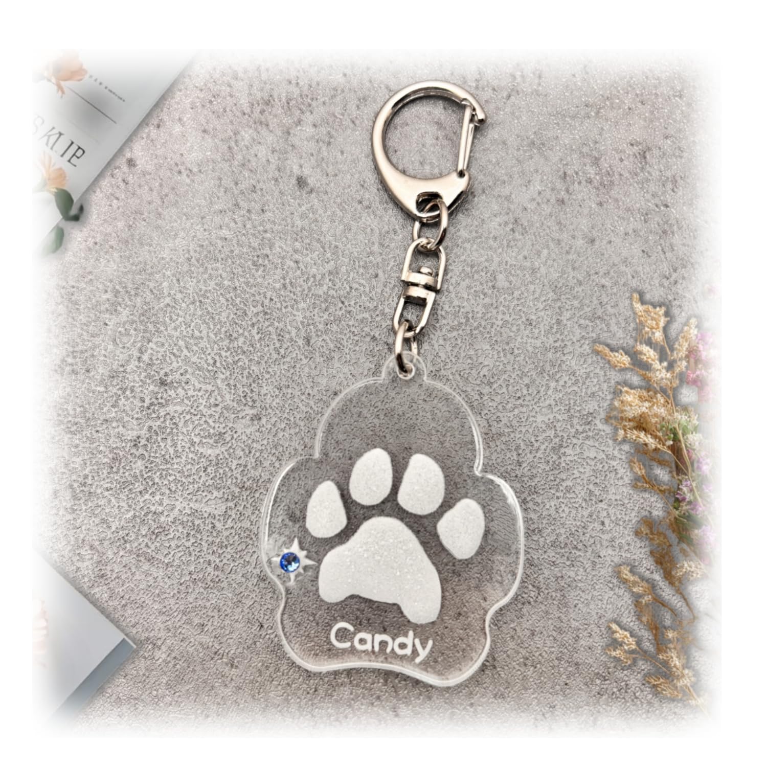 爪形キーホルダー ペット メモリアル 肉球プリント 名前刻印 誕生石付き 記念品 手元供養 アクリルプレート 犬 猫 の思い出 供養 ずっと一緒 プレゼント ギフト ラッピング無料 いぬ かわいい おしゃれ